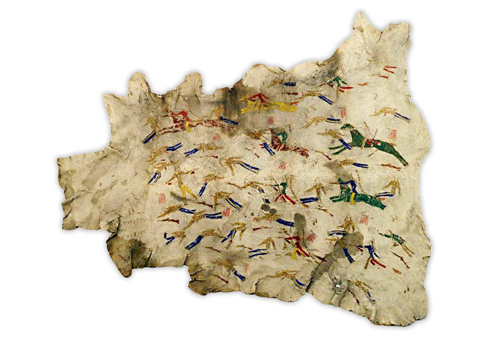 Painted animal hide with colorful figures