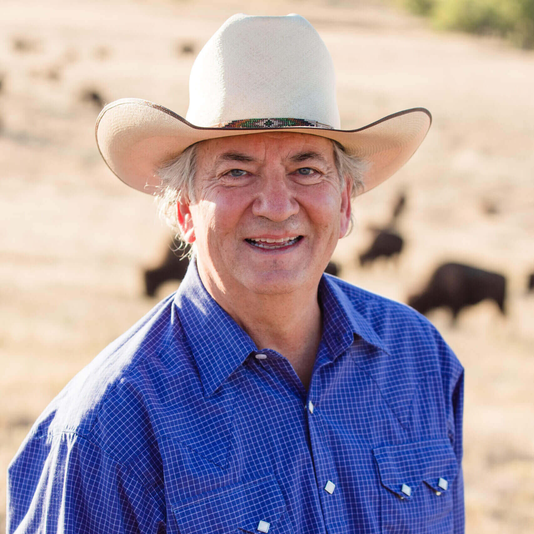 Smiling rancher wearing cowboy hat with cattle